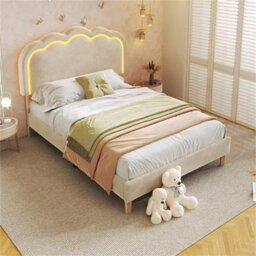 Abrihome 3Ft Single Upholstered Bed With Led Headboard (90X190Cm), Adjustable Height Bed Frame With Wooden Slats, Beige, Velvet