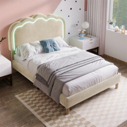 Abrihome 3Ft Single Upholstered Bed With Led Headboard (90X190Cm), Adjustable Height Bed Frame With Wooden Slats, Beige, Velvet - thumbnail 8