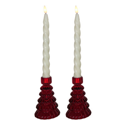 Set Of 2 Large Christmas Tree Candle Holders - Holly Berry Red - image 1