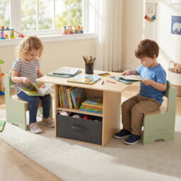 Gainoom Kids Green Table And Chairs Set Wooden Toddler Activity Table Set Indoor Children Furniture For Arts & Crafts - thumbnail 3