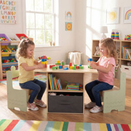 Gainoom Kids Green Table And Chairs Set Wooden Toddler Activity Table Set Indoor Children Furniture For Arts & Crafts - thumbnail 6