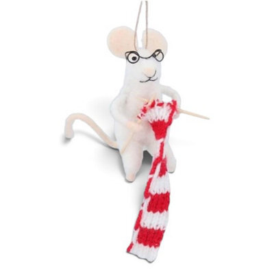 Gisela Graham Christmas Felt Knitting Mouse Hanging Tree Decoration, 17 Cm, Rustic White Felt