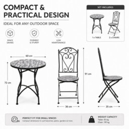 Shatchi Mosaic Bistro Set With Folding Chairs, Outdoor Patio Table And Chairs For Balcony, Garden And Terrace Seating - thumbnail 5