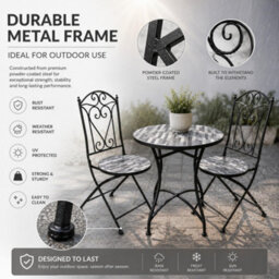 Shatchi Mosaic Bistro Set With Folding Chairs, Outdoor Patio Table And Chairs For Balcony, Garden And Terrace Seating - thumbnail 4