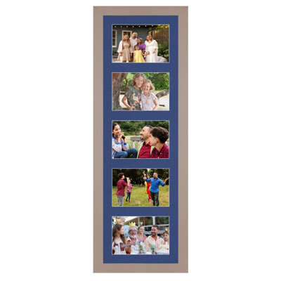 AK Frames 26X8 Rose Gold Modern Multi Photo Frame With Blue Mount - Holds 5 Apertures (5X) 6X4 Photos - image 1