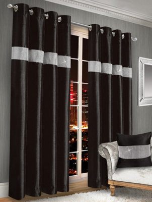 Intimates Elegant Faux Silk Curtains With Diamante Panel, Ring Top Style, Machine Cold Washable, Chic Window Coverings - Black