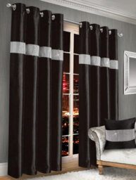 Intimates Elegant Faux Silk Curtains With Diamante Panel, Ring Top Style, Machine Cold Washable, Chic Window Coverings - Black