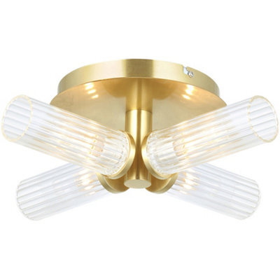 Loops Satin Brass Semi Flush Low Ceiling Bathroom Light - Clear Ribbed Multi Arm Glass - 4 X 3W Led G9 - image 1