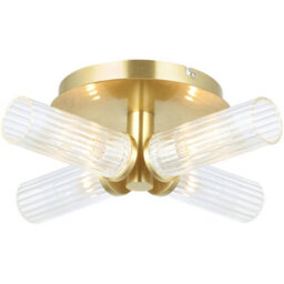 Loops Satin Brass Semi Flush Low Ceiling Bathroom Light - Clear Ribbed Multi Arm Glass - 4 X 3W Led G9
