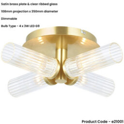 Loops Satin Brass Semi Flush Low Ceiling Bathroom Light - Clear Ribbed Multi Arm Glass - 4 X 3W Led G9 - thumbnail 2