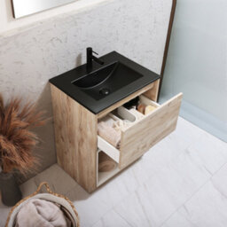 Homestylestore Light Oak 612mm Bathroom Vanity Unit Open Shelf And Graphite Basin - thumbnail 2