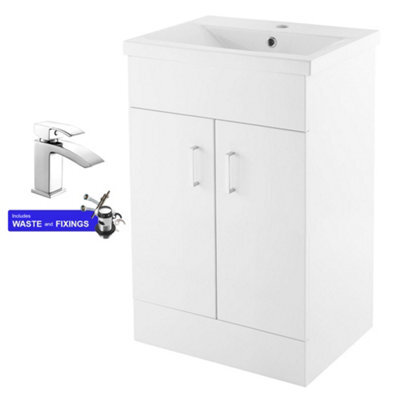 FNX Bathrooms 500mm White Gloss Cloakroom Vanity Unit With Basin, Soft Close Double Doors & Chrome Mixer Tap Set (Waste Included) - image 1