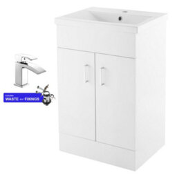 FNX Bathrooms 500mm White Gloss Cloakroom Vanity Unit With Basin, Soft Close Double Doors & Chrome Mixer Tap Set (Waste Included) - thumbnail 1