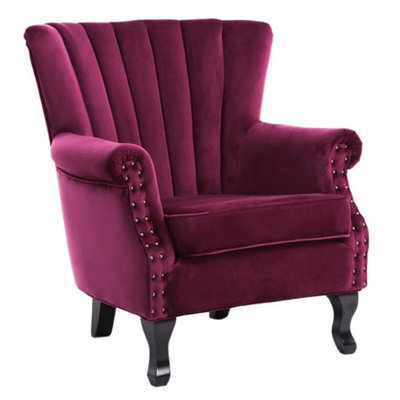 Retro Armchair Wing Back Accent Chair Queen Anne Chair Studded Wine Red - image 1