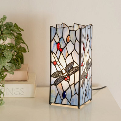Traditional Table Lamp Stained Glass Handcrafted Vintage Living Room Blue Light - image 1