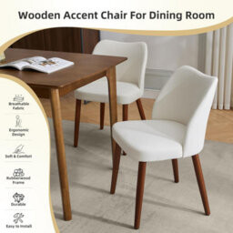 London Boutique Dining Chairs Set Of 2, Upholstered Kitchen Chairs With Wing Backrest, Linen Fabric, Wooden Legs, White - thumbnail 4