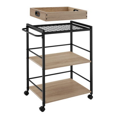 Tectake Drinks Trolley Worcester - 3 Shelves And Removable Tray, 4 Swivel Castors With Parking Brake - Industrial Wood Light, Oak Sonoma - image 1