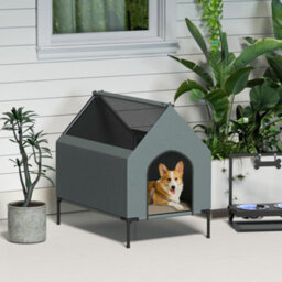 Pawhut Dog House Outdoor Elevated Dog Bed With Removable Cover, Grey