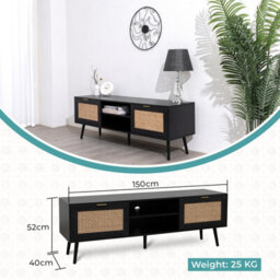 Home Stuff Plus Modern Black Rattan Tv Stand Cabinet With Two Cupboards And Shelves Tv Unit - W150 X D40 X H52Cm - thumbnail 6