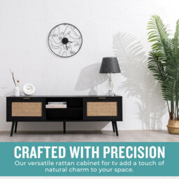 Home Stuff Plus Modern Black Rattan Tv Stand Cabinet With Two Cupboards And Shelves Tv Unit - W150 X D40 X H52Cm - thumbnail 7