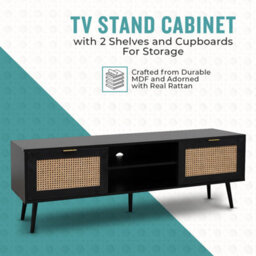Home Stuff Plus Modern Black Rattan Tv Stand Cabinet With Two Cupboards And Shelves Tv Unit - W150 X D40 X H52Cm - thumbnail 2