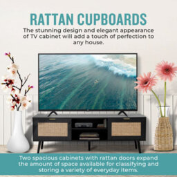 Home Stuff Plus Modern Black Rattan Tv Stand Cabinet With Two Cupboards And Shelves Tv Unit - W150 X D40 X H52Cm - thumbnail 3