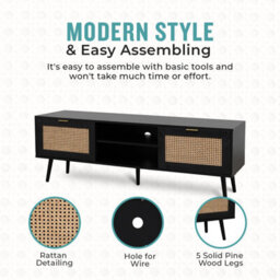 Home Stuff Plus Modern Black Rattan Tv Stand Cabinet With Two Cupboards And Shelves Tv Unit - W150 X D40 X H52Cm - thumbnail 4