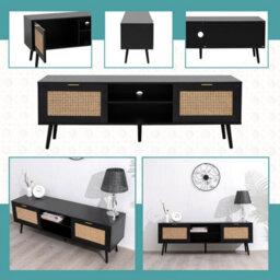 Home Stuff Plus Modern Black Rattan Tv Stand Cabinet With Two Cupboards And Shelves Tv Unit - W150 X D40 X H52Cm - thumbnail 5