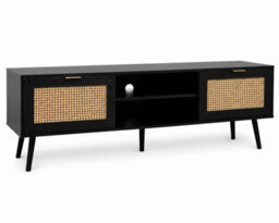 Home Stuff Plus Modern Black Rattan Tv Stand Cabinet With Two Cupboards And Shelves Tv Unit - W150 X D40 X H52Cm - thumbnail 8