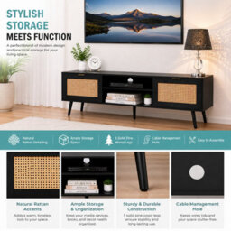Home Stuff Plus Modern Black Rattan Tv Stand Cabinet With Two Cupboards And Shelves Tv Unit - W150 X D40 X H52Cm - thumbnail 9
