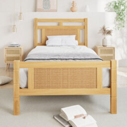 Btm Wooden Bed, 3Ft Single Bed 90X190Cm, Mdf With Rattan Paper, Sturdy Bed Slats, Pine Mdf Plywood, Wood Colourbtm - thumbnail 2
