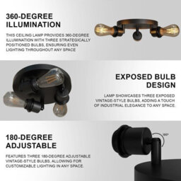 3 Way Flush Mount Ceiling Light Fixture Rotatable 180 Degree Adjustable Heads Modern Small Black Ceiling Lamp For Living Room - thumbnail 2