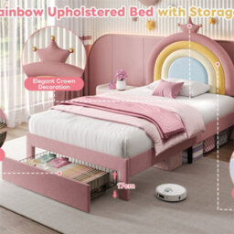 Abrihome 3Ft Single Upholstered Bed With Adjustable Rainbow Headboard, Soft Velvet Bed Frame With Storage Drawer, Pink - thumbnail 3