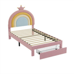 Abrihome 3Ft Single Upholstered Bed With Adjustable Rainbow Headboard, Soft Velvet Bed Frame With Storage Drawer, Pink - thumbnail 7