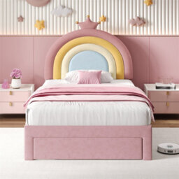 Abrihome 3Ft Single Upholstered Bed With Adjustable Rainbow Headboard, Soft Velvet Bed Frame With Storage Drawer, Pink - thumbnail 8