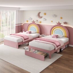 Abrihome 3Ft Single Upholstered Bed With Adjustable Rainbow Headboard, Soft Velvet Bed Frame With Storage Drawer, Pink - thumbnail 9