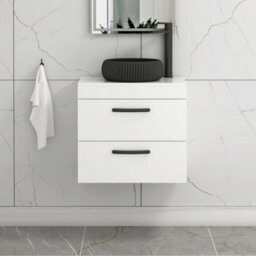 Royal Bathrooms Turin 600mm Wall Mounted Bathroom Vanity Unit With Sink 2 Drawer Gloss White & Milan Black Countertop Basin