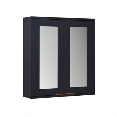 Homestylestore 600 X 650mm Black Grey Wall Mounted Mirrored Door Bathroom Cabinet With Brushed Copper Finger Pull Handles - image 1