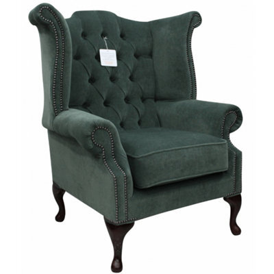 Chesterfield High Back Wing Chair Pimlico Ocean Green Fabric In Queen Anne Style - image 1