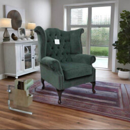 Chesterfield High Back Wing Chair Pimlico Ocean Green Fabric In Queen Anne Style - thumbnail 4