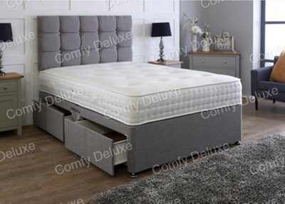 Comfy Deluxe 5Ft Grey King Linen Fabric Divan Bed Pocket Mattress & Headboard 2 Drawers Same Side