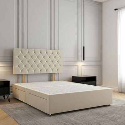 REGIONAL FURNISHINGS Cream Plush Velvet Divan Bed Set Upholstered With 24Inch Headboard & 2Drawers Sameside & No Mattress In 3Ft 4Ft 4Ft6 5Ft 6Ft - image 1