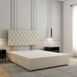 REGIONAL FURNISHINGS Cream Plush Velvet Divan Bed Set Upholstered With 24Inch Headboard & 2Drawers Sameside & No Mattress In 3Ft 4Ft 4Ft6 5Ft 6Ft