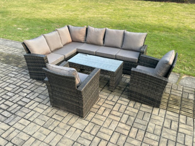 Fimous 8 Seat Rattan Garden Furniture Corner Sofa Set Outdoor Patio Chair Sofa Table Set Dark Grey Mixed - image 1