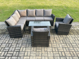 Fimous 8 Seat Rattan Garden Furniture Corner Sofa Set Outdoor Patio Chair Sofa Table Set Dark Grey Mixed - thumbnail 2