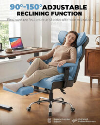 Comhoma Ergonomic Office Chair, Gaming Chair With Footrest, High Executive Chair With Spring Lumbar Support, Pu Leather, Blue - thumbnail 4