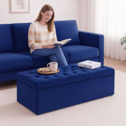 90Cm Chesterfield Ottoman Storage Box- Plush Velvet Shoe Bench - Sapphire Blue Chesterfield Upholstered Blanket Box - thumbnail 3