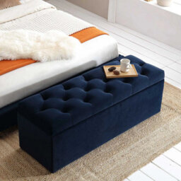 90Cm Chesterfield Ottoman Storage Box- Plush Velvet Shoe Bench - Sapphire Blue Chesterfield Upholstered Blanket Box - thumbnail 1