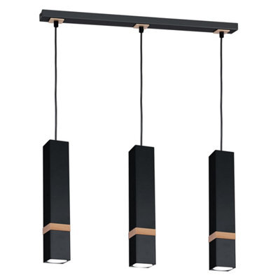 Milagro Vidar Black Pendant Lamp 3Xgu10 Hand Made Modernist Cuboid Design With Natural Wooden Inserts - image 1