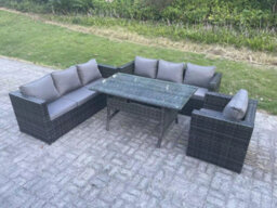 Fimous Outdoor Lounge Sofa Garden Furniture Set Rattan Rectangular Dining Table Patio Chair 7 Seater Dark Grey Mixed - thumbnail 2